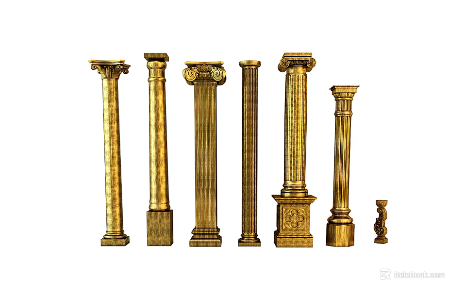 Golden Roman Columns With Various Classical Designs Different Sizes And Decorative Styles 3d model 