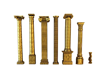 Golden Roman Columns With Various Classical Designs Different Sizes And Decorative Styles 3d model