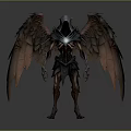 Hooded Winged Fantasy Demon Creature With Glowing Chest And Dark Red Wings