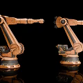 Two Copper Colored Robotic Arms On Black Background With Reflections