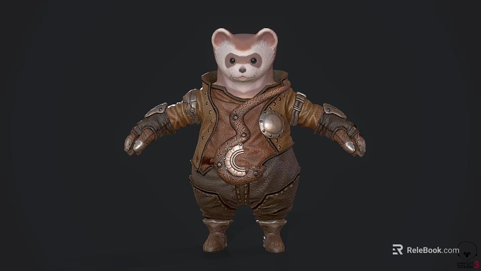 Adorable Panda Themed Game Movie Character Wearing Brown Leather Armor With Metal Decorations 3d model 