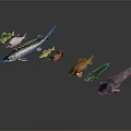 Various Marine Fish Species Arranged on Dark Reflective Surface with Realistic Details