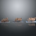 Three Wooden Carriage Models Placed On Blue Mats With Gray Background 3d model