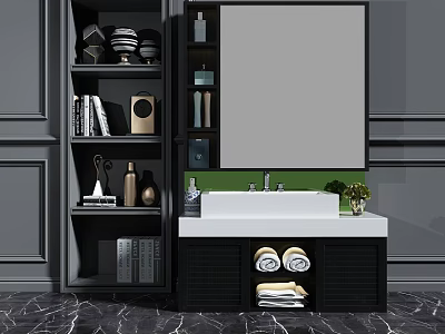 Modern Bathroom Vanity Design With Large Mirror White Countertop Black Cabinets and Rolled Towels 3d model