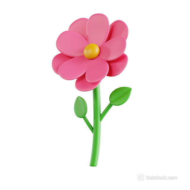 Cute Pink Flower Plant With Yellow Center Green Stem And Leaves 3d model 