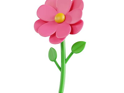 Cute Pink Flower Plant With Yellow Center Green Stem And Leaves 3d model
