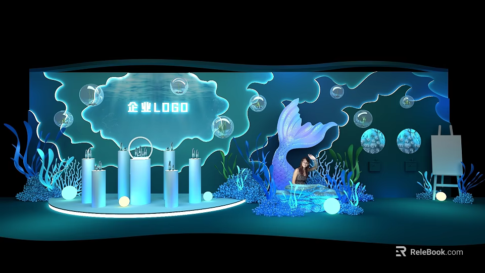 Instagrammable Photo Check-in Spot With Company Logo Bubble Decor Mermaid Tail And Coral Plants 3d model 