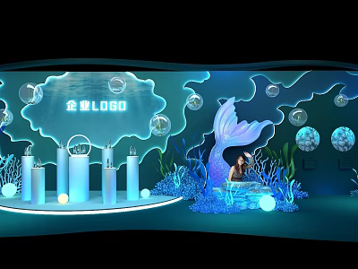 Instagrammable Photo Check-in Spot With Company Logo Bubble Decor Mermaid Tail And Coral Plants 3d model