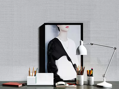 Decorative Ornament Set on Desk with White Table Lamp Framed Portrait Pencil Holders and Notebooks 3d model