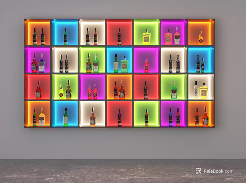 Colorful Illuminated Modern Liquor Cabinet With Grid Shelves And Various Bottles 3d model 