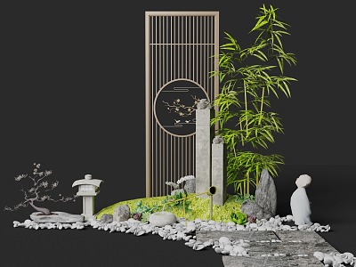 New Chinese-style Zen landscape sketch rockery stone partition bamboo combination Japanese-style stone lamp Zen 3d model