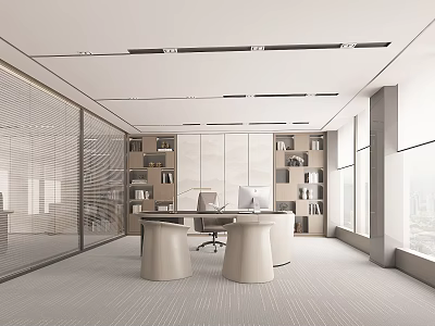Modern Office Interior Design With Desk Bookshelves Windows And Lighting 3d model