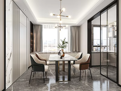 Elegant Modern Restaurant Interior With Dining Table Chairs Chandelier And Marble Floor 3d model