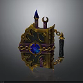 Fantasy Weapon Shield Design With Ornate Golden Decor Blue Gemstone And Chain Details
