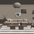 Minimalist Beige Living Room Interior With Pendant Light Sofa Coffee Table And Armchairs