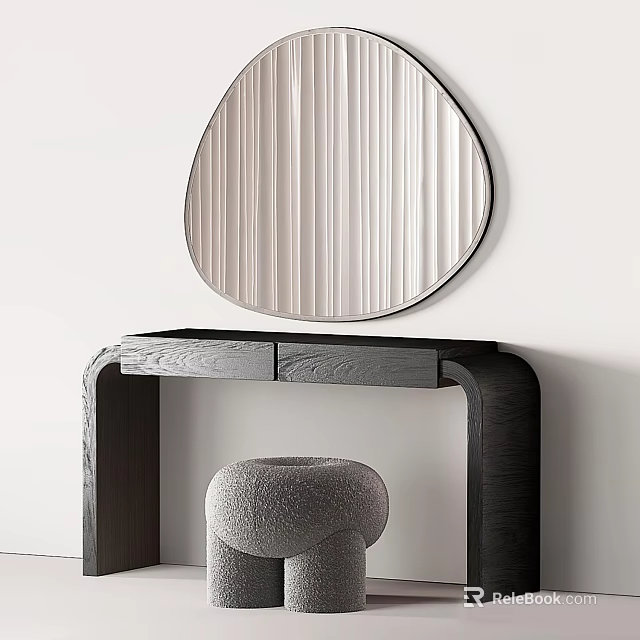 Black Wooden Dressing Table With Teardrop Shaped Mirror And Grey Velvet Stool 3d model 