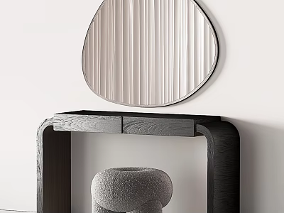 Black Wooden Dressing Table With Teardrop Shaped Mirror And Grey Velvet Stool 3d model