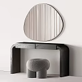Black Wooden Dressing Table With Teardrop Shaped Mirror And Grey Velvet Stool