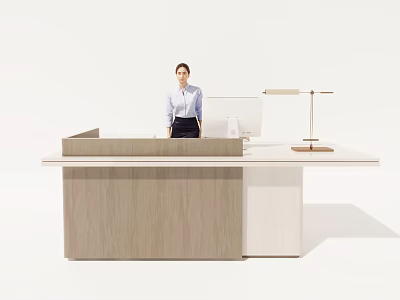 Wooden Reception Desk with Female Receptionist Computer and Desk Lamp in Modern Office Lobby 3d model