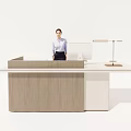 Wooden Reception Desk with Female Receptionist Computer and Desk Lamp in Modern Office Lobby
