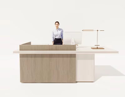 Wooden Reception Desk with Female Receptionist Computer and Desk Lamp in Modern Office Lobby 3d model