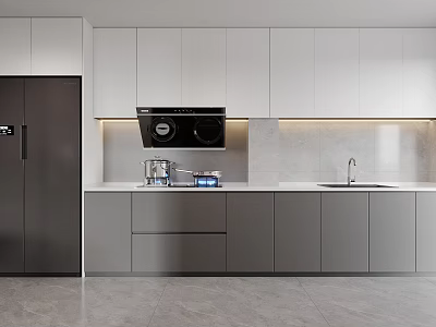 Modern Kitchen Interior Design With White Cabinets Gray Countertop And Built In Appliances 3d model