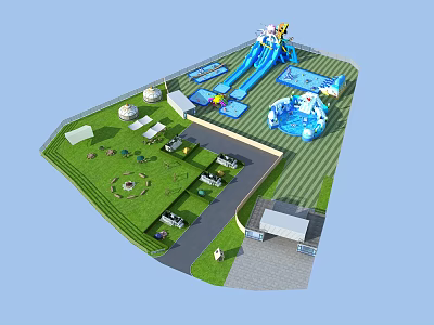 Scenic Campsite With Grass Area Parking Space Playground Slide And Swimming Pool 3d model