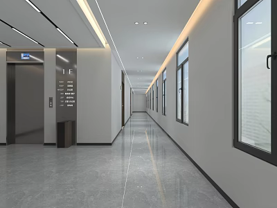 Modern Elevator Corridor With Ceiling Lights And Windows 3d model
