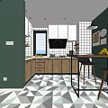 Modern Kitchen With Green Walls White Cabinets Wooden Countertops Geometric Floor Tiles And Black Chairs