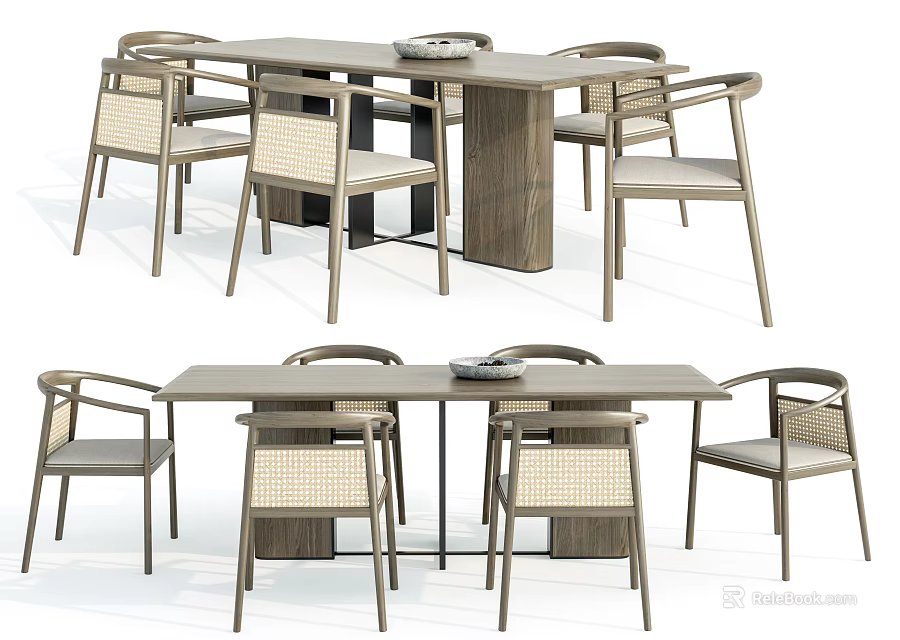 Modern Rectangular Wooden Dining Table Set With Woven Back Chairs And Neutral Tones 3d model