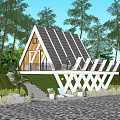 Modern Waterfront Vacation Home with Solar Panel Roof and Wooden Deck Surrounded by Trees