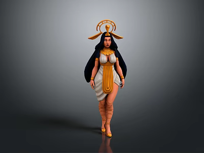Mythical Female Character With Golden Headdress Long Black Hair And White Robe With Golden Accents 3d model