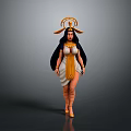 Mythical Female Character With Golden Headdress Long Black Hair And White Robe With Golden Accents