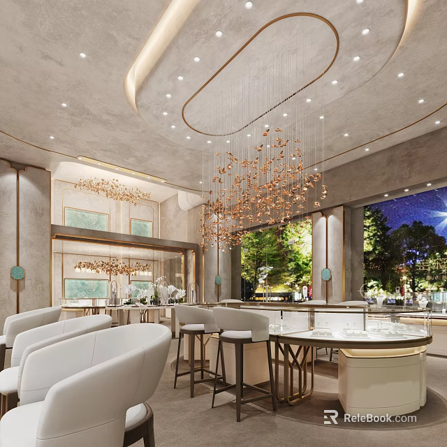 Elegant Modern Jewelry Store Interior With Chandeliers Display Cases And Seating 3d model 