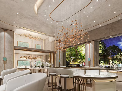 Elegant Modern Jewelry Store Interior With Chandeliers Display Cases And Seating 3d model