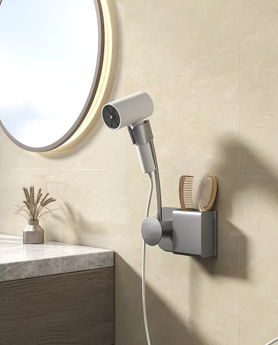Wall Mounted Electric Hair Dryer with Brush Holder in Modern Bathroom Vanity Area 3d model