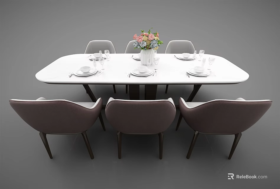 White Oval Dining Table Set With Six Gray Chairs Tableware And Flower Vase 3d model
