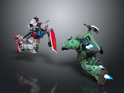 White Red Mecha With Shield Battling Green Robot Warrior With Mechanical Arm And Jet Boosters 3d model