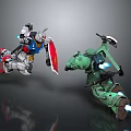 White Red Mecha With Shield Battling Green Robot Warrior With Mechanical Arm And Jet Boosters