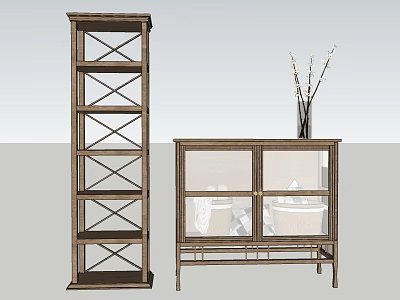 Tall Multi Layer Cross Lattice Decorative Cabinet With Glass Door And Vase Decorations 3d model