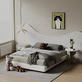Kids Bed with White Headboard Gray Green Bedding Stuffed Toy Side Table and Cat Painting