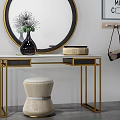 Modern Dressing Table With Circular Gold Frame Mirror White Countertop Vase And Stool 3d model