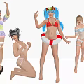 Group of Women Anime Characters in Bikini and Colorful Outfits With Various Poses and Hairstyles
