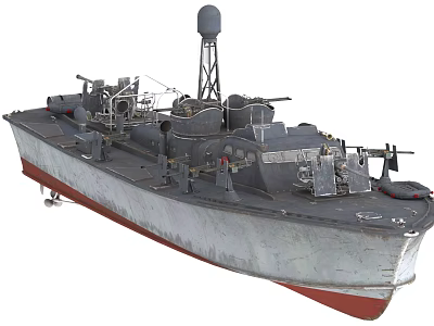 Gray Military Warship With Red Bottom Turrets And Radar Antenna Structure 3d model