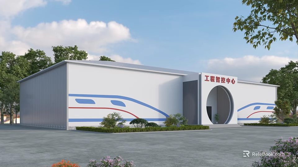 Industrial Workshop Intelligent Manufacturing Center With White Exterior Blue Red Stripes And Front Greenery 3d model 