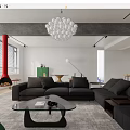 Modern Living Dining Room Interior With Dark Sofa Chandelier TV Wall And Decorative Items