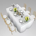 Elegant Dining Table Set With White Tablecloth Golden Chairs Tableware And Yellow Bouquets 3d model
