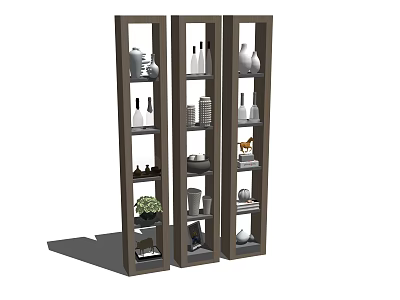 Dark Wood Display Shelves With Three Units Holding Vases Sculptures And Potted Plant 3d model
