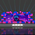 Futuristic Stage Design With Neon Lights LED Blocks And Cyber Helmet Figure