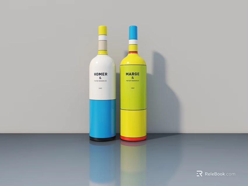 Display Shelf With Two Wine Bottles Labels SIMPLE MAYBE Blue White Yellow Red Gray Background 3d model 